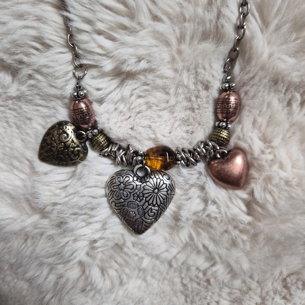 Vintage Necklace Hearts Boho Bohemian Indie Artsy Heart Charms Mixed Metals Fall